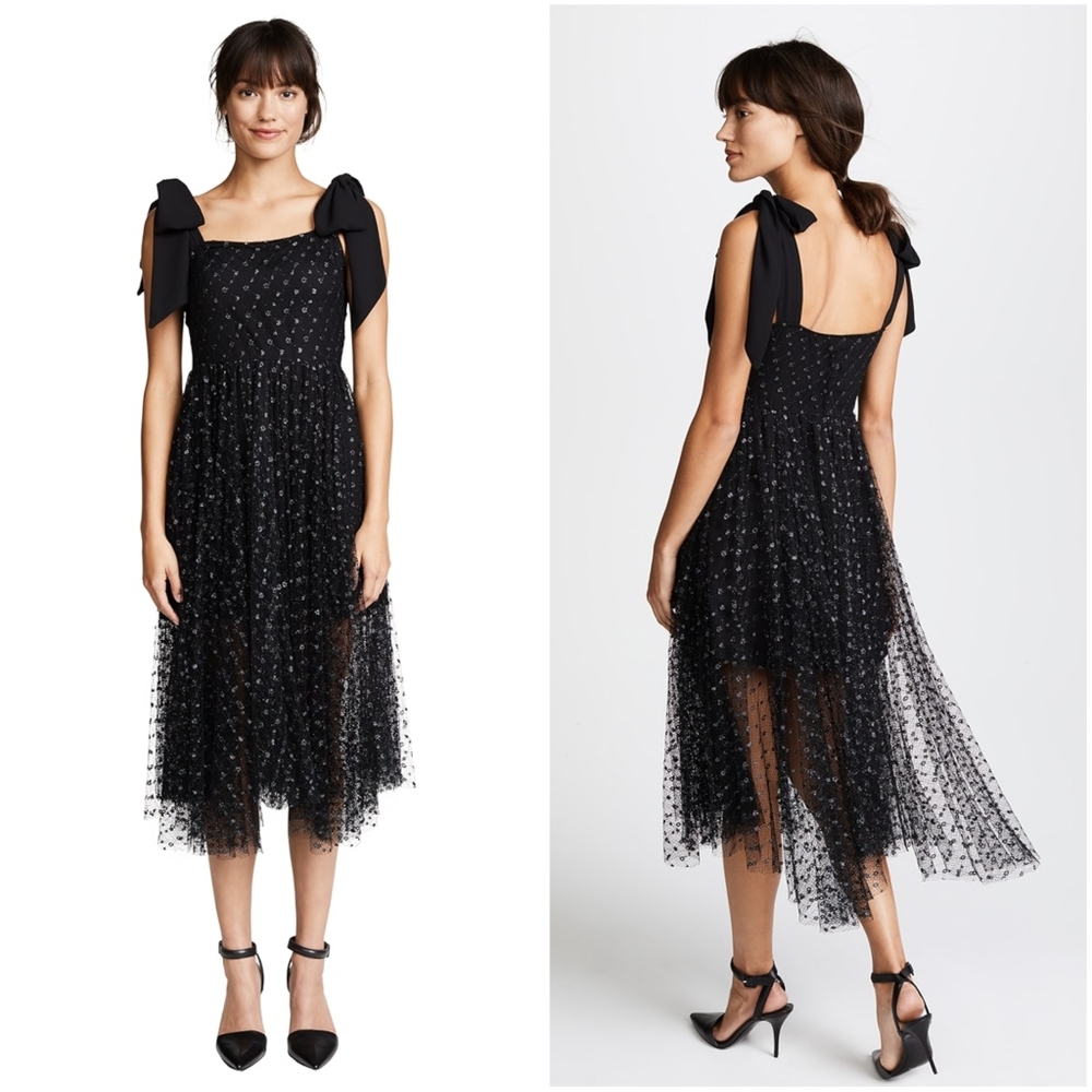 Delfi Collective Elinor Shoulder Tie Dress Black Multi Metallic Dot Mesh XS